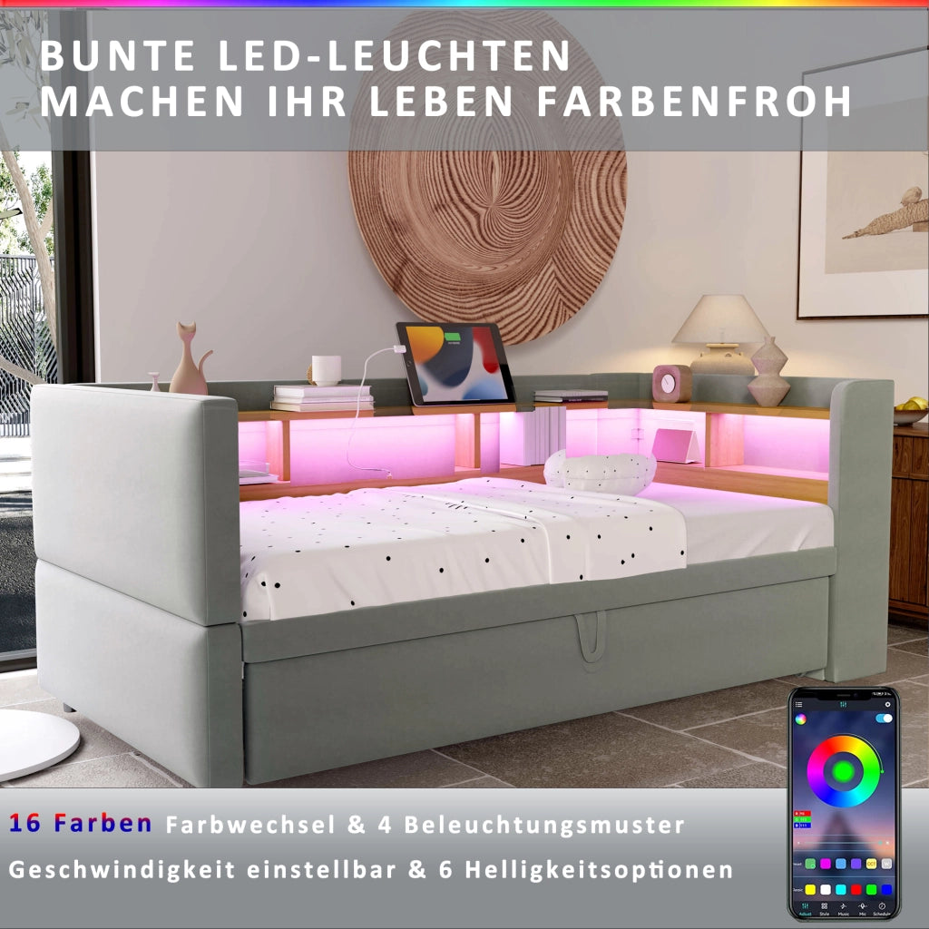 DIVANO LETTO Estraibile 90/180 x 190 cm Grigio Chiaro con LED e prese