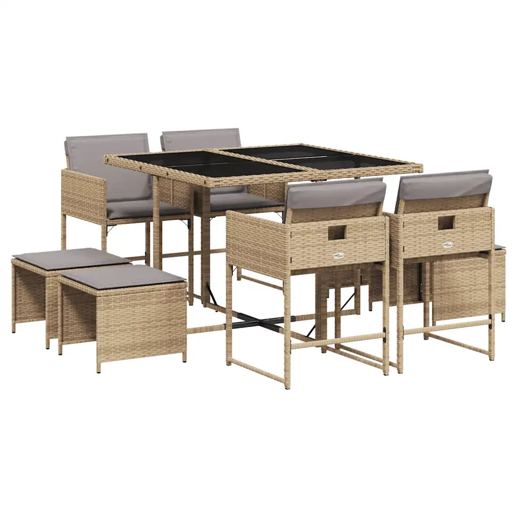 Set Pranzo da Giardino 9 pz con Cuscini Beige Misto Polyrattan