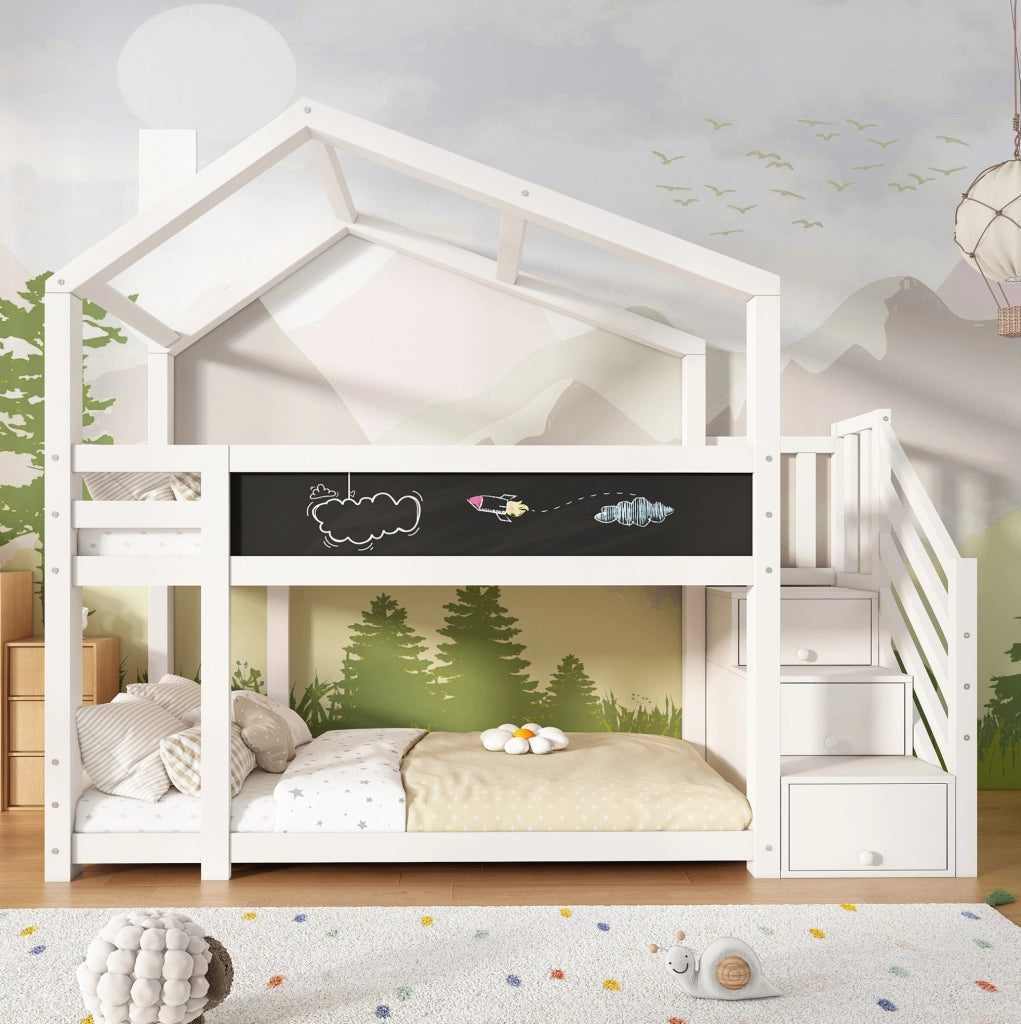Letto a castello a casetta 90x200 cm con scala contenitore e lavagna
