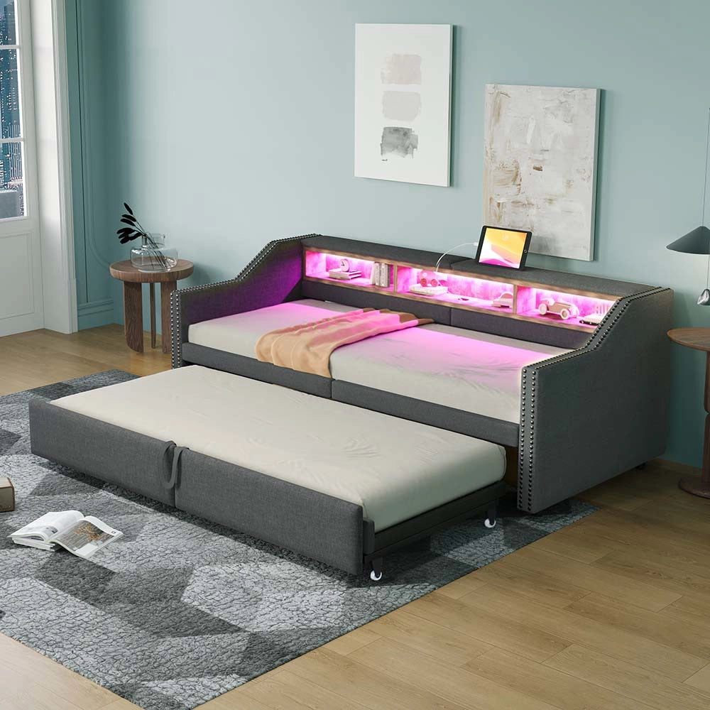 Divano letto - Xylo - 90x200 cm LED USB contenitore grigio scuro