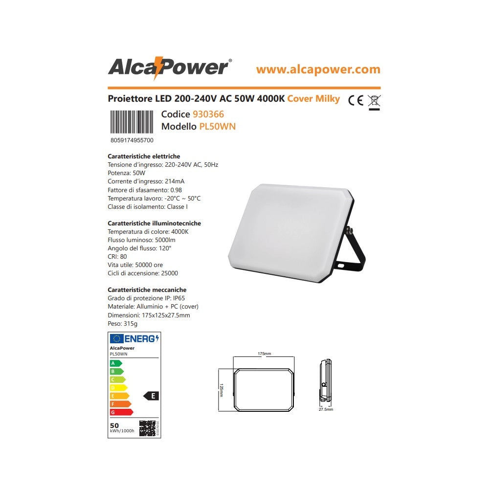 Alca power proiettore led 220-240v da 50w 4000k luce diurna