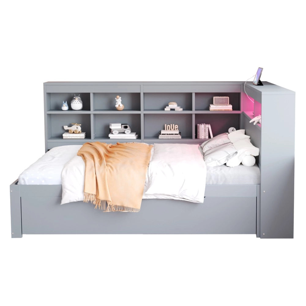 Letto Matrimoniale in Legno Massello con Cassetti e LED ¨C MINIMAL ¨C Grigio 140x200