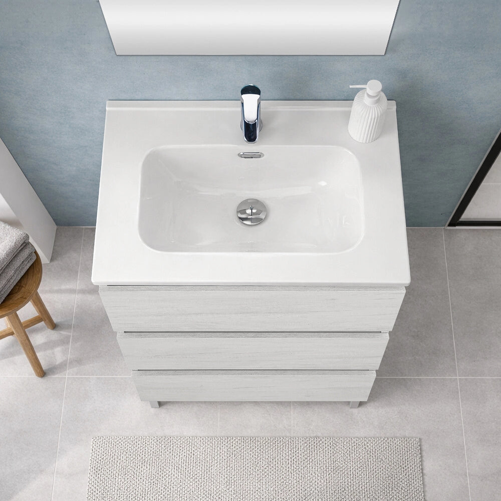 Mobile bagno a terra 60 cm in quercia bianca con lavabo e specchio Leda
