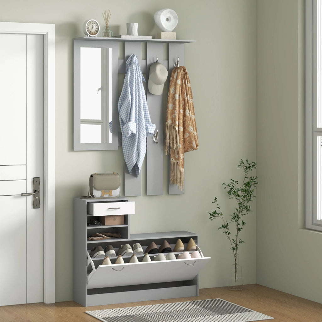 Appendiabiti con specchio e scarpiera ¨C zephmum ¨C 2 pezzi, grigio, con ganci e cassetto