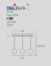 SOSPENSIONE OTTONE SATINATO 3 LUCI RETTANGOLARE VETRI TR + 2X BF 1184OS-S3 R-BT