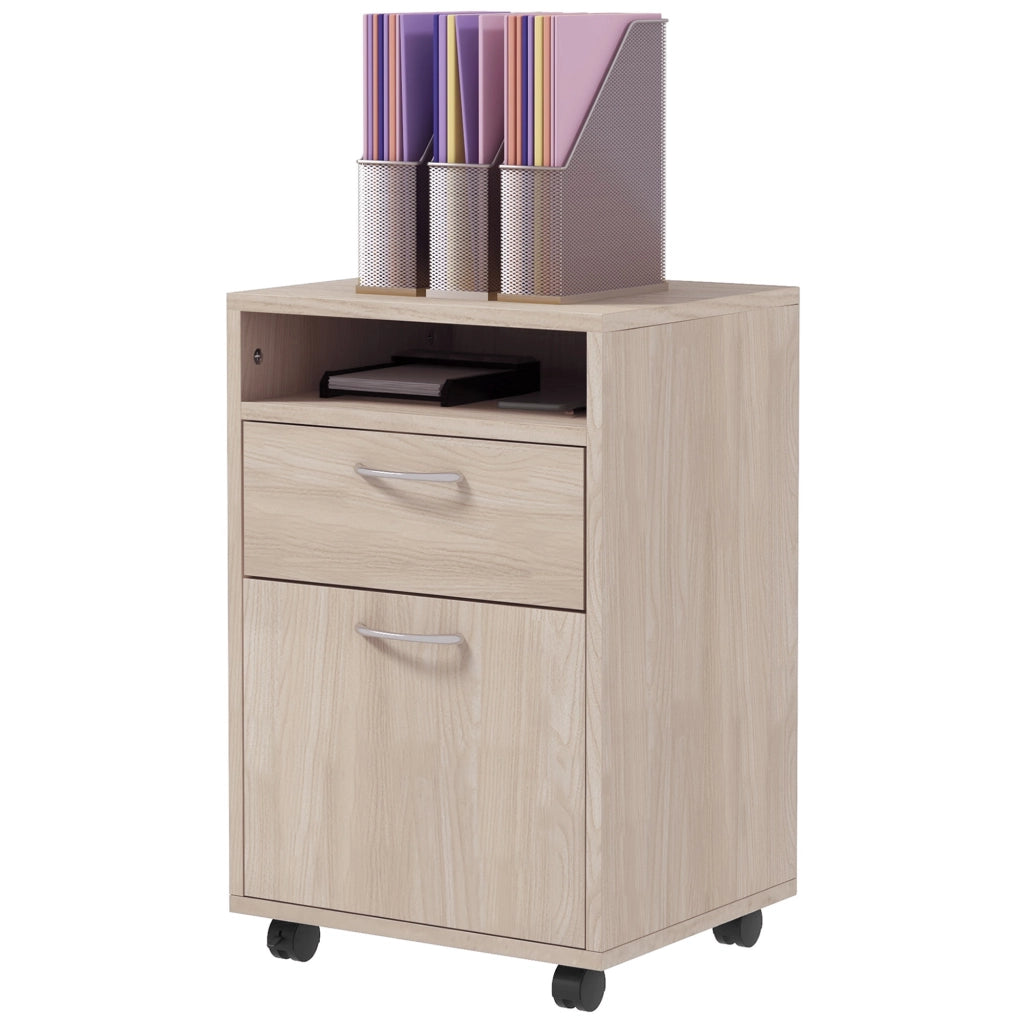 Cassettiera per Ufficio con Ripiano Aperto e 2 Cassetti ¨C Minimal ¨C Legno Rovere e Metallo, 40x35x60 cm
