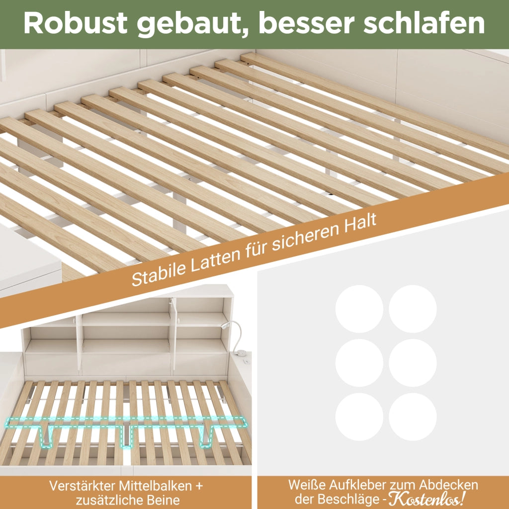 LETTO Contenitore 140x200 cm Bianco con cassetti e porte USB