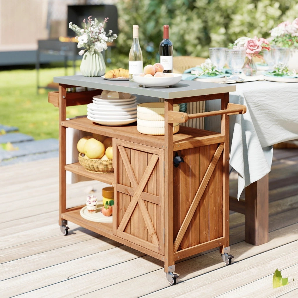 Carrello barbecue in legno con spazio di conservazione isola da cucina esterna, Carrello con 3 ripiani aperti e mobile