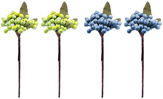 Artificiale steli di mirtillo - 4 pezzi - Rametti di mirtillo realistici - Fiori - Decorazione di casa - Matrimonio - Realistico aspetto - Finte mirtillo