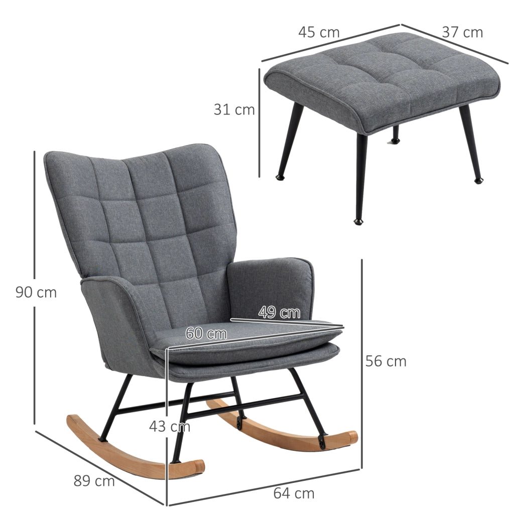 Sedia a Dondolo con Pouf con Cuscino e Braccioli in Tessuto Effetto Lino e Legno Grigio