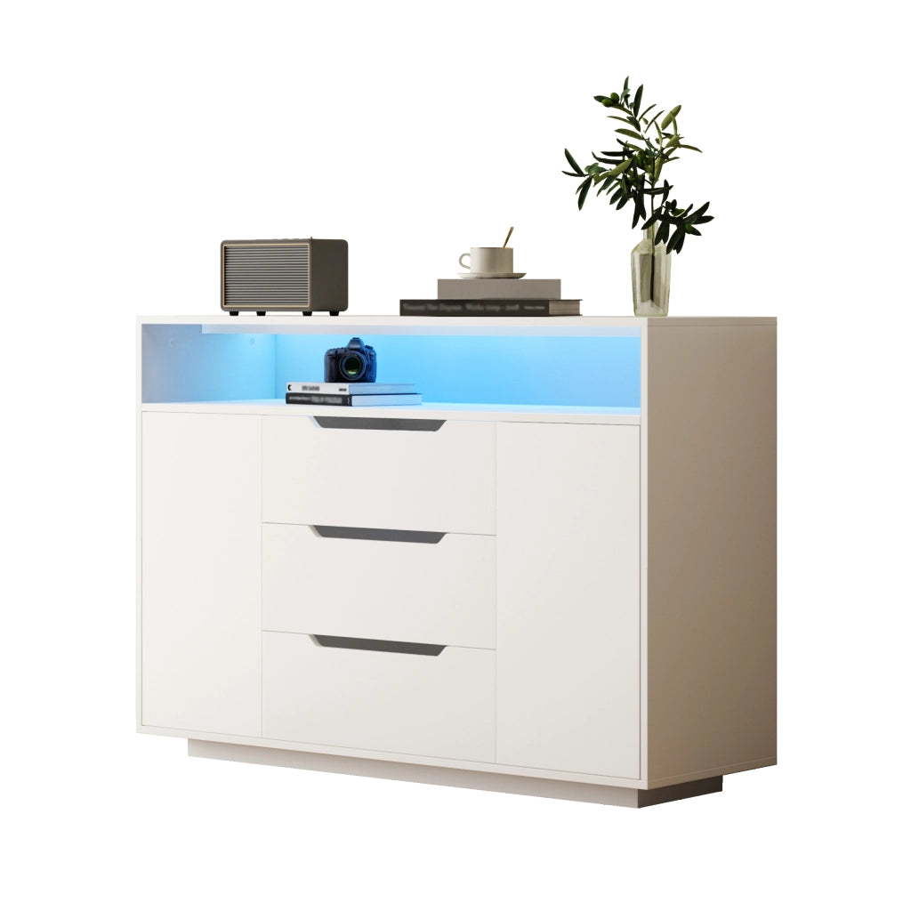 Credenza moderna bianca con ripiani aperti, 3 cassetti e vani con ante, con luce LED integrata