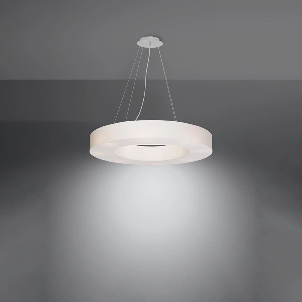 Lampadario rotondo Saturno Slim a 6 luci, 70 cm, tessuto bianco, PVC, acciaio