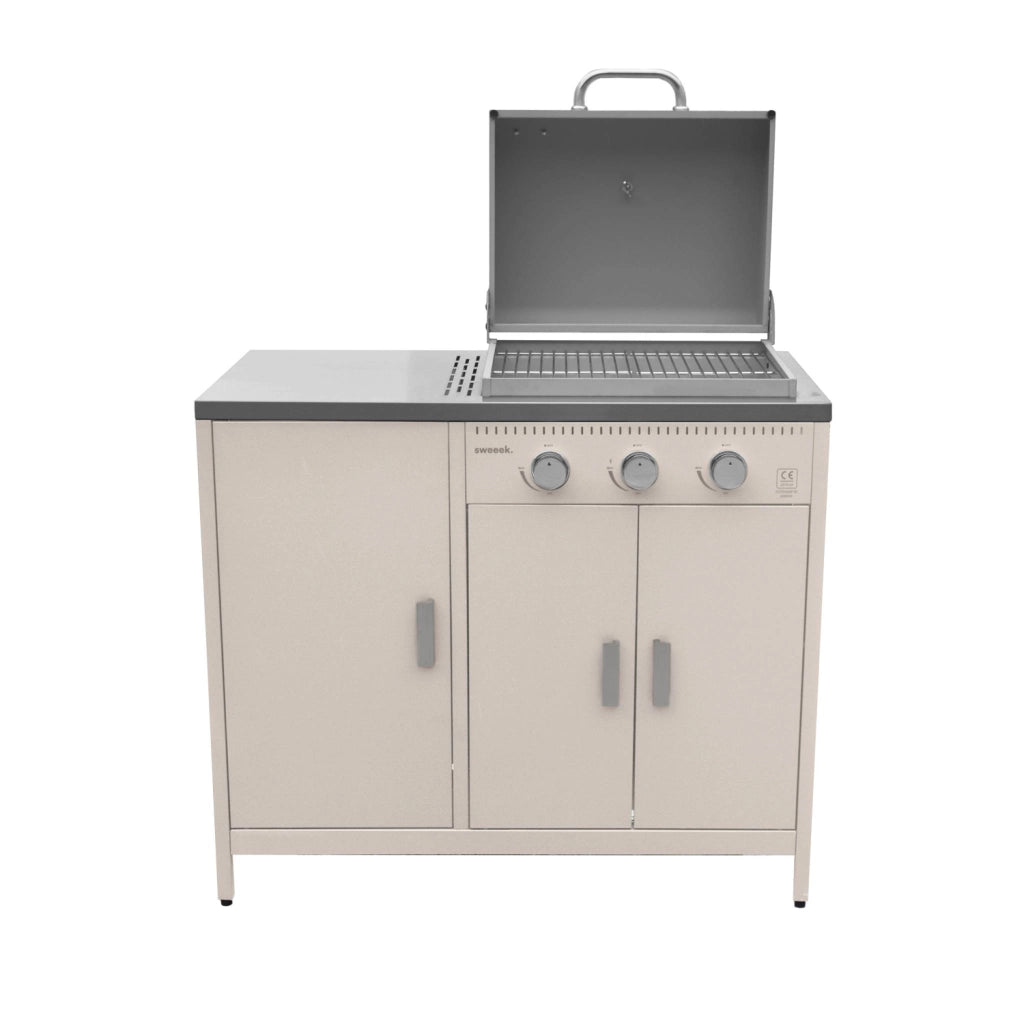 Modulo cucina da esterno in metallo con barbecue a gas a 3 bruciatori,