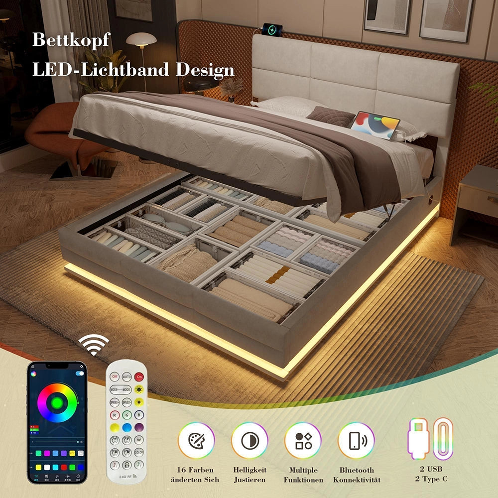 Letto 140x200cm?- Xylo - velluto USB LED idraulico beige