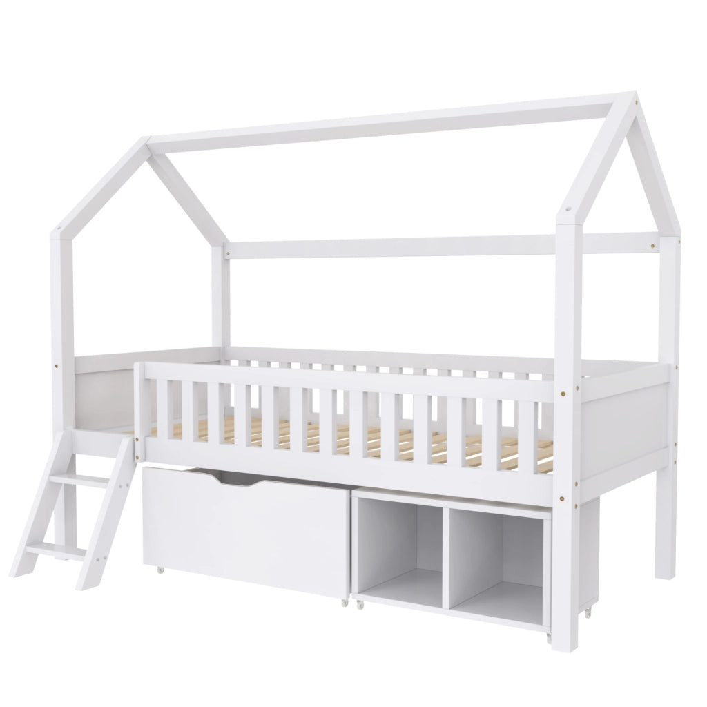 Letto a casetta per bambini 90x200 cm con cassetti, scala laterale e sponde di sicurezza, bianco