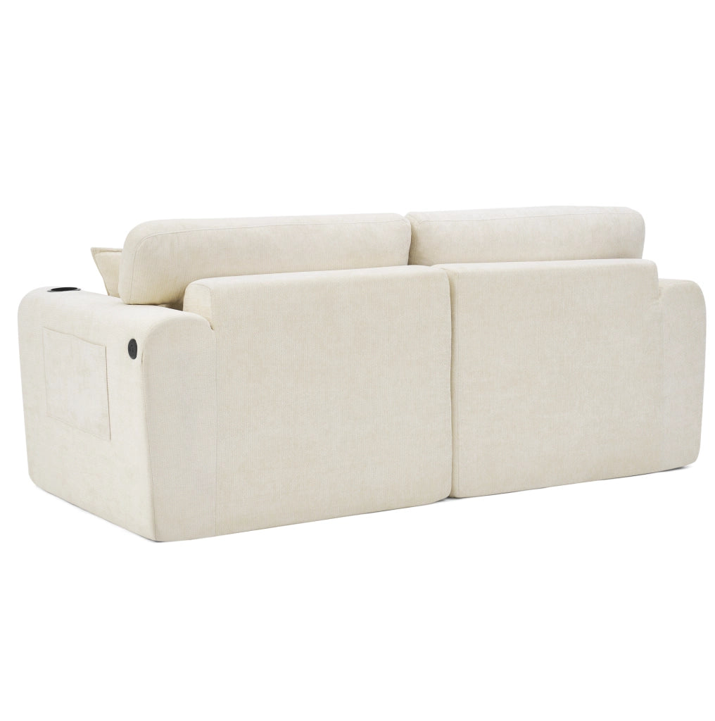 Divano relax 2 posti in chenille con USB; tasche laterali e portabevande; beige