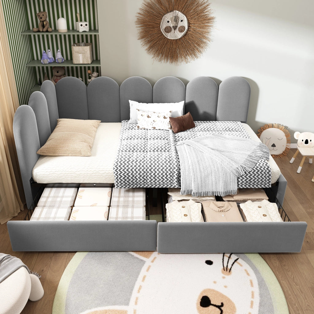 LETTO Divano 90x200 cm in velluto grigio con 2 cassetti