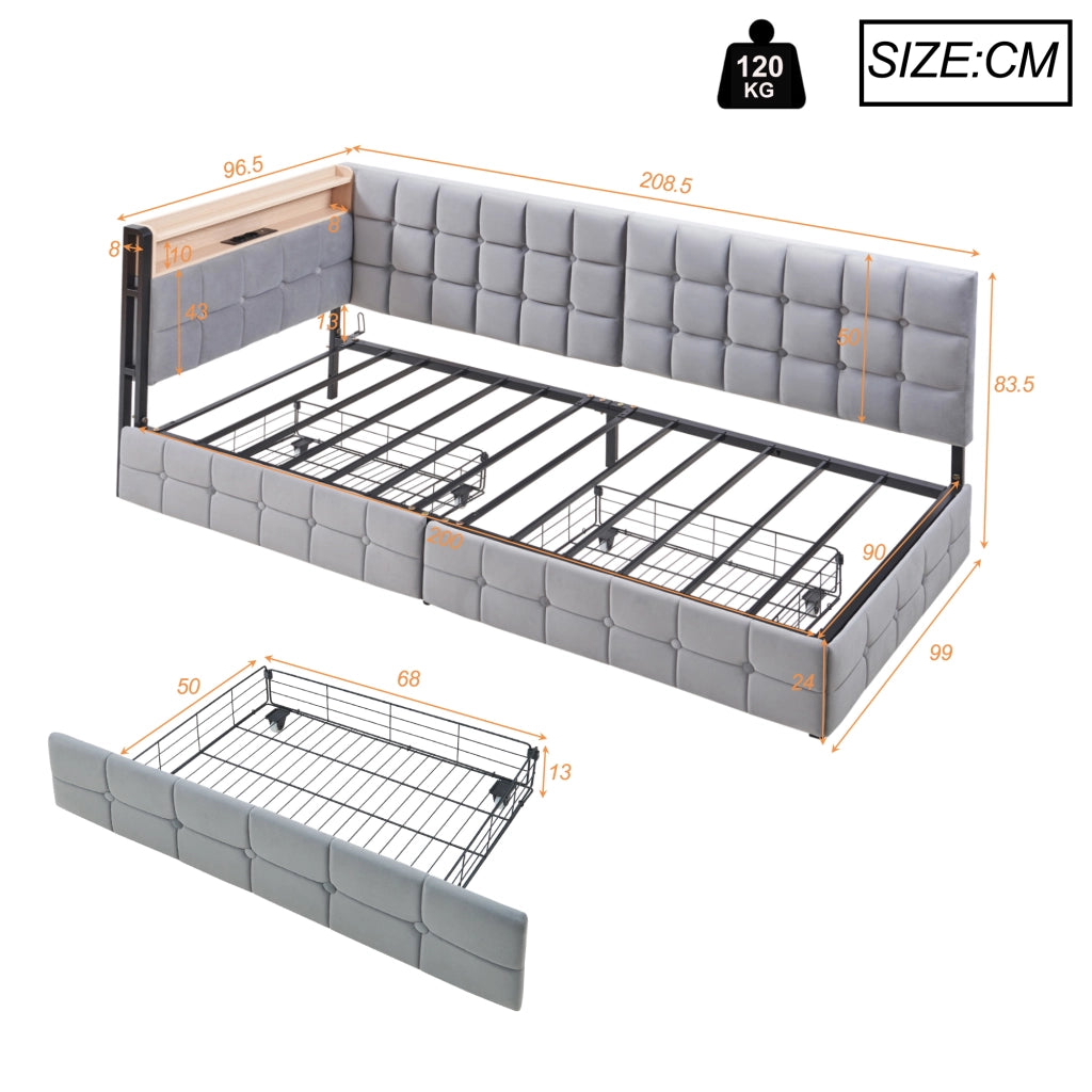 LETTO Contenitore 90x200 cm Grigio in tessuto con 2 cassetti, LED e USB-C