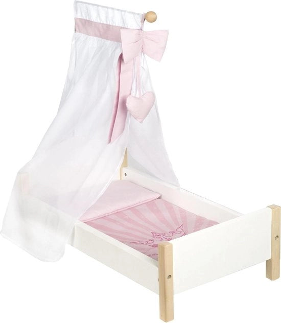 Culla per bambola - Bianca verniciata - Incluso lenzuolo e tenda rosa - Serie di arredamento per bambole "Scarlet" - Accessori per bambole