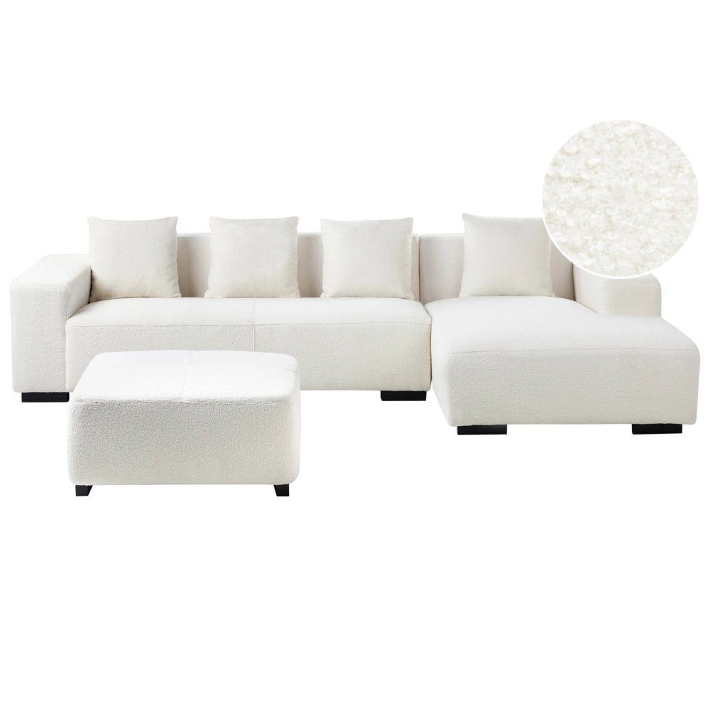 Divano angolare a L con cuscini 4 posti in tessuto bouclè bianco con ottomana versione a sinistra stile elegante moderno
