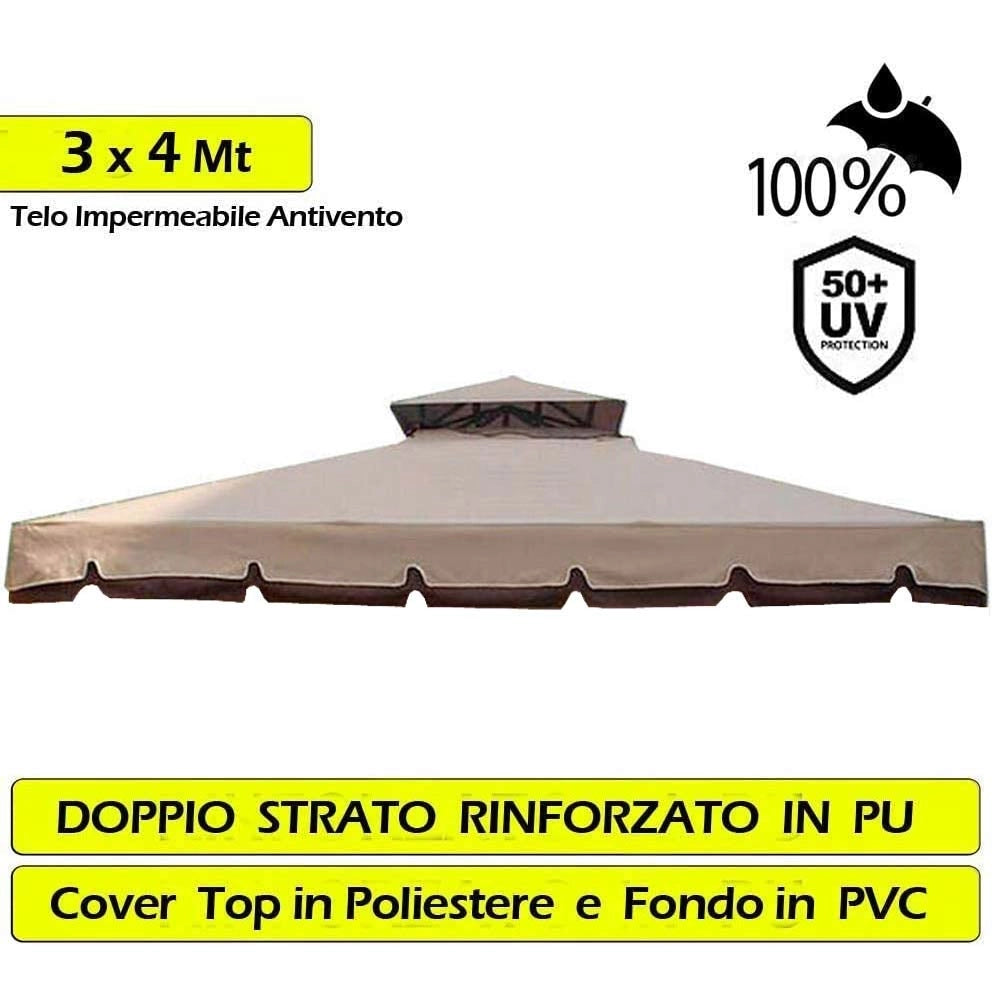 Telo Copertura Gazebo 3x4 Ricambio 350 gr/mq Camino Antivento Antipiog. 3 x 4 mt