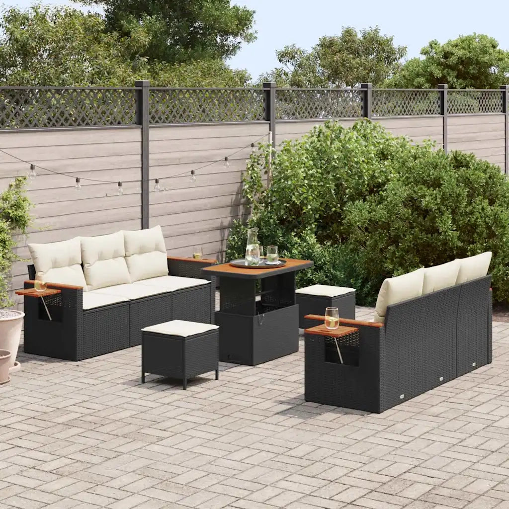 Set Divano da Giardino con cuscino 9 pcs Nero e Crema