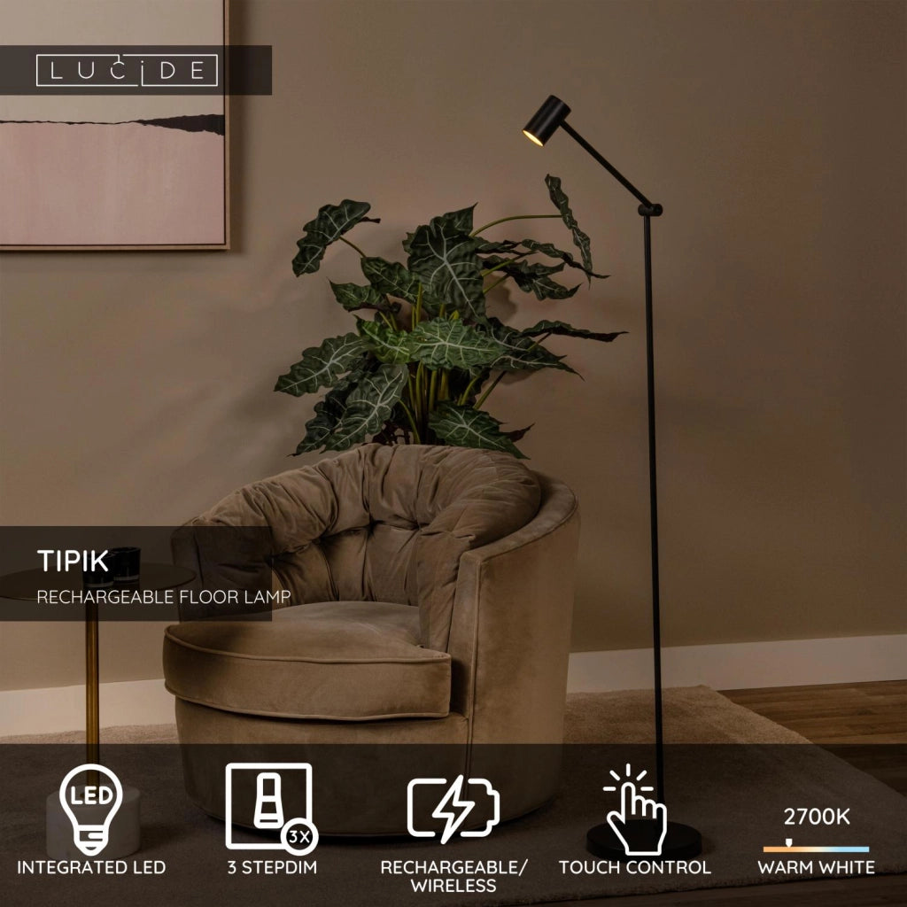 Lampada da terra LED touch nera Lucide TIPIK
