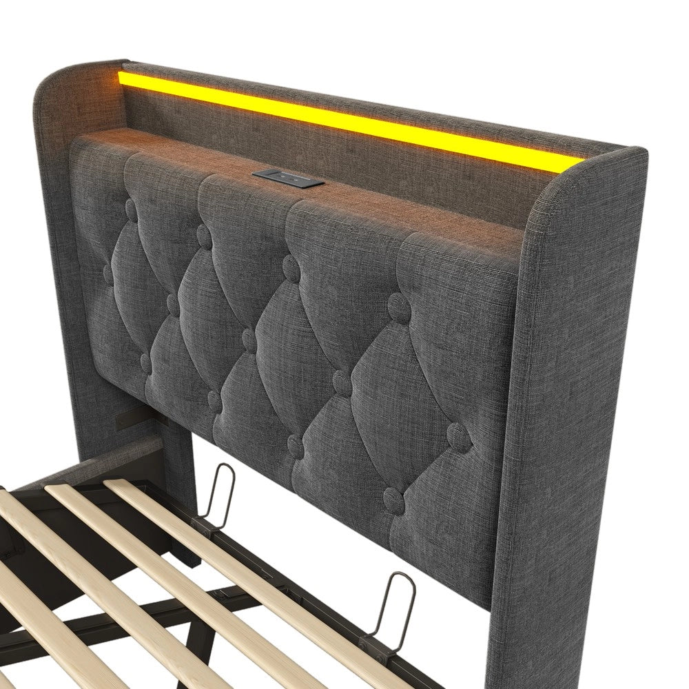 Letto Singolo Imbottito con LED e Contenitore Idraulico ¨C MINIMAL ¨C Grigio, 90x200 cm