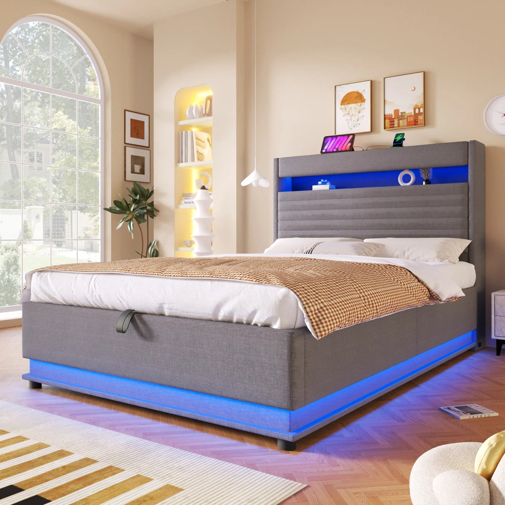 LETTO Contenitore 140x200 cm in lino grigio con LED e USB-C