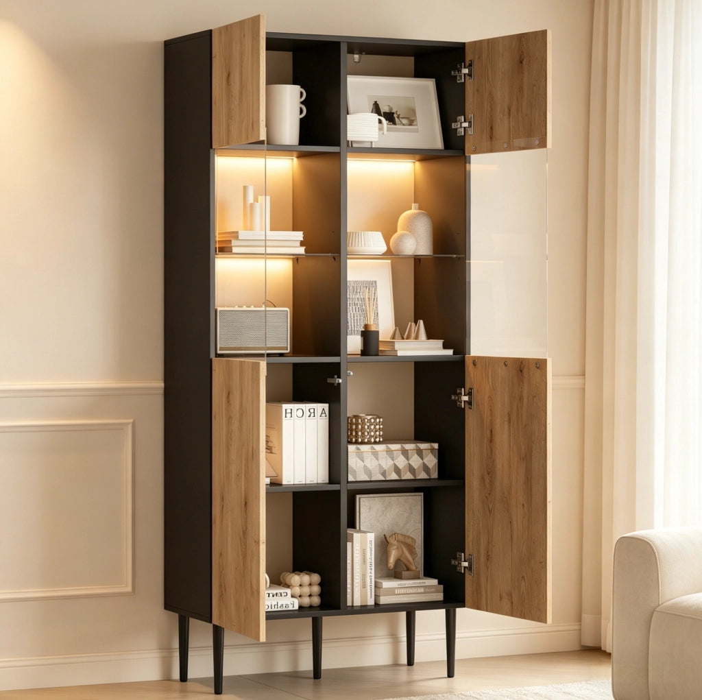 Vetrina alta moderna 80 x 35 x 180 cm con LED; 10 scomparti; MDF nero e naturale