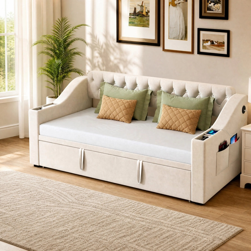 Divano letto imbottito con rete a doghe; USB e Type-C; 90x190 cm; beige