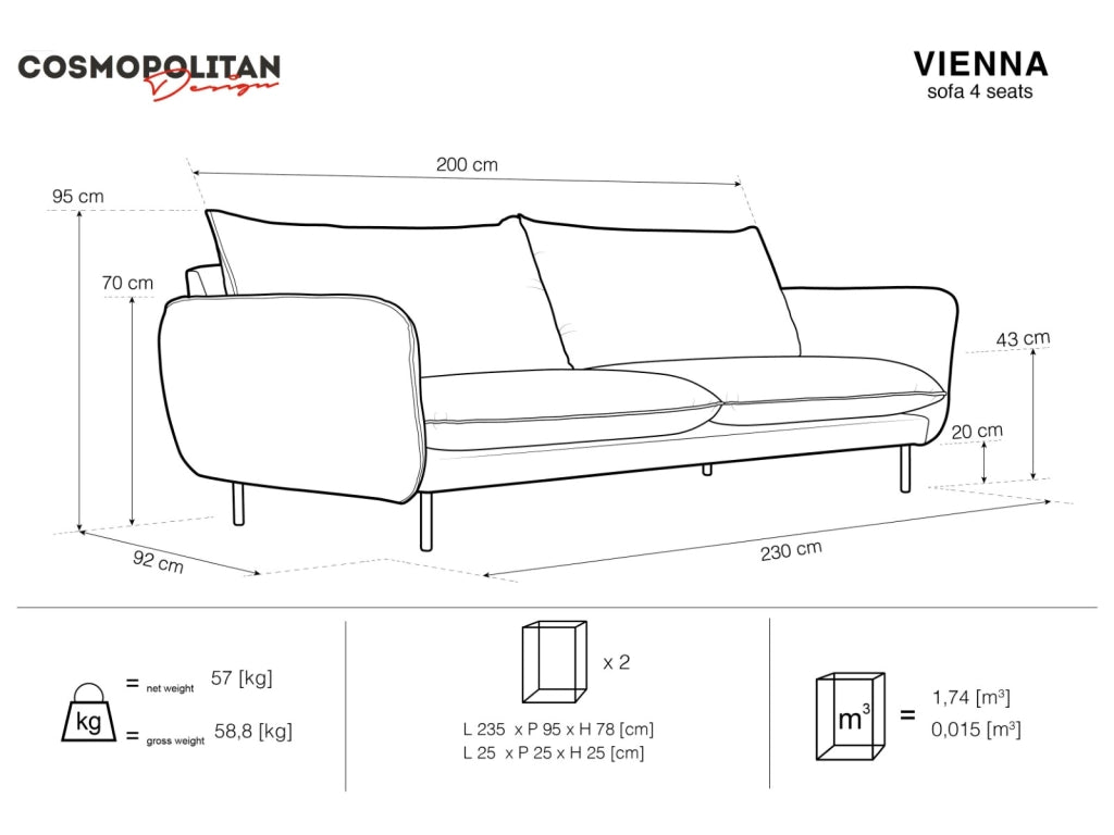 Cosmopolitan Design - Divano "Vienna" 4 posti in velluto nero 