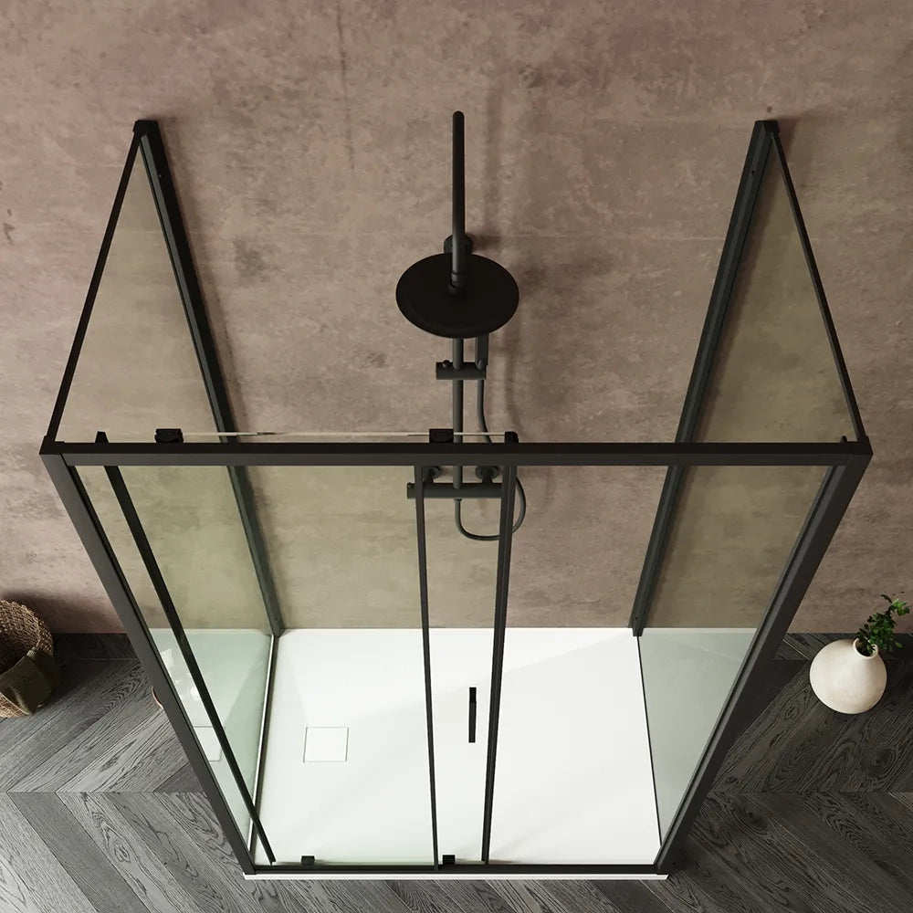Box doccia tre lati 70x130x70cm con porta scorrevole profili nero opaco e vetro 6mm trasparente h190 | Portofino