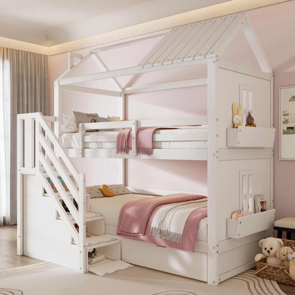 LETTO a castello 90x200 cm bianco con scala contenitore e cassetti