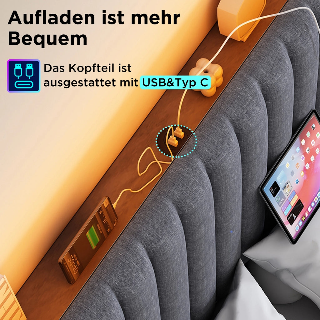 LETTO Contenitore 160x200 cm in Lino Grigio con Testiera LED USB e Type-C