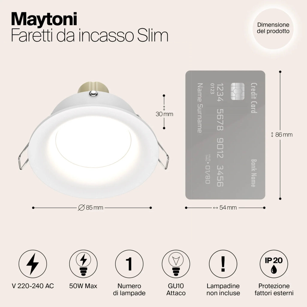 Maytoni Lampada da incasso Slim 1 luce GU10 bianco alluminio