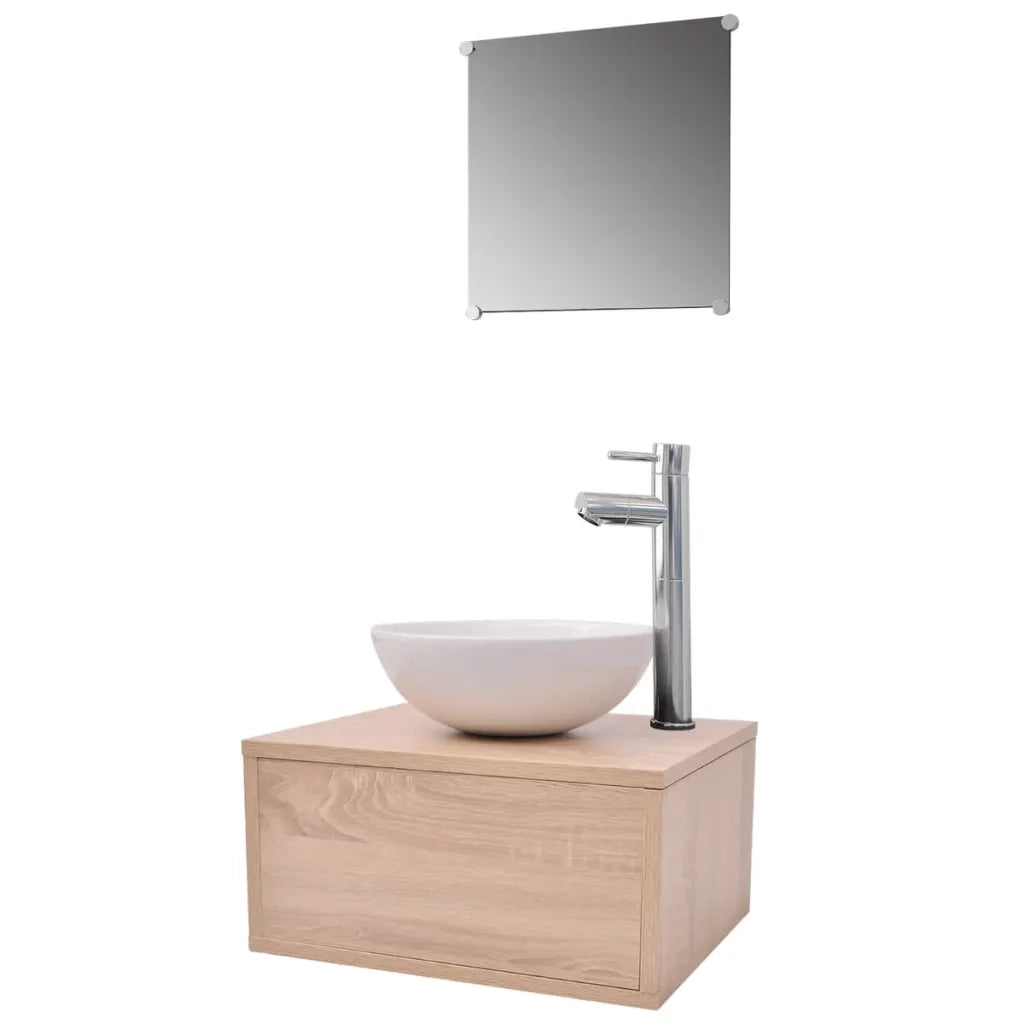 Set Mobili da Bagno 4 pz con Lavabo e Rubinetto-Armadietto da bagno Beige