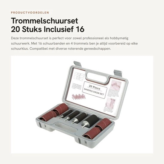 Kit di abrasivi a tamburo da 20 pezzi - 16 strisce abrasive/4 tamburi - Compatibile con attrezzi di rotazione - Duraturo - Leggero - Scatola di conservazione robusta - Kit di abrasivi