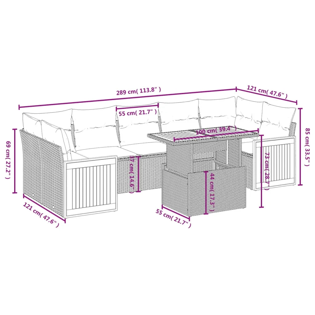 Set Divano da Giardino 8 pz con Cuscini Beige in Polyrattan