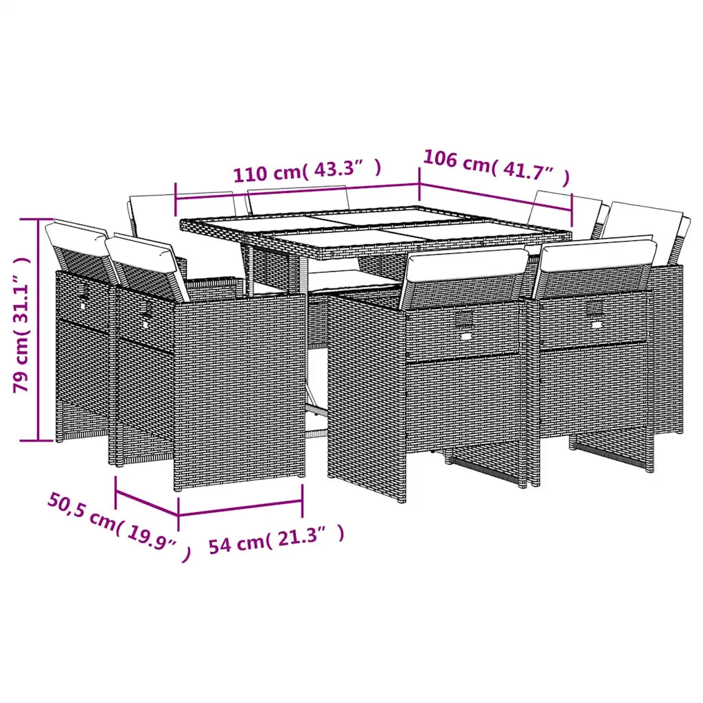 Set da Pranzo da Giardino 9pz con Cuscini Marrone in Polyrattan 3210657