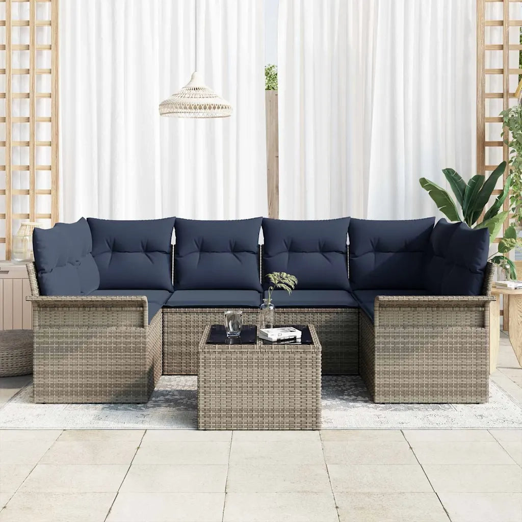 Set Divano da Giardino 7 pcs Grigio e Blu Navy polyrattan 3353934