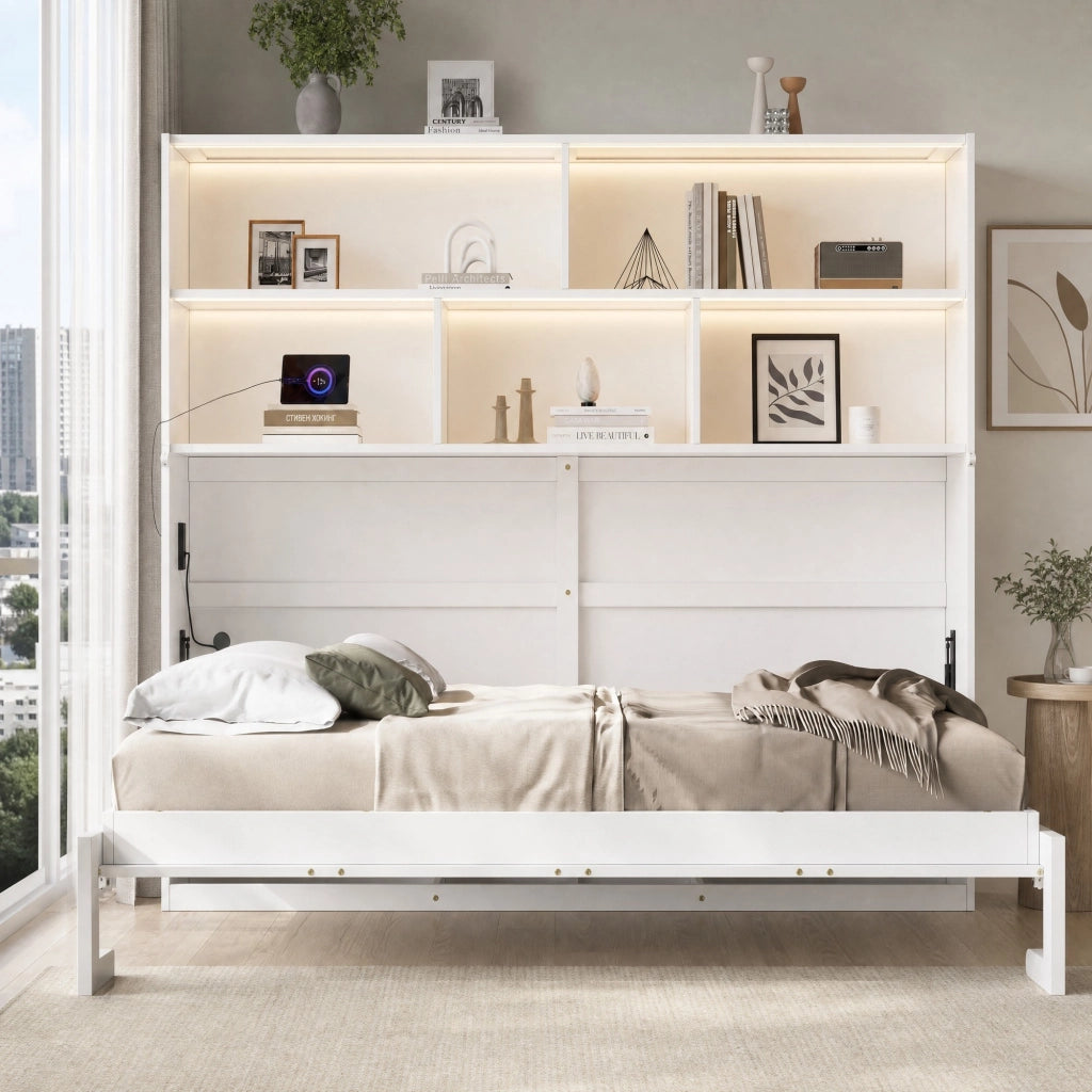 LETTO Contenitore 90x200 cm Bianco in MDF con LED e rete a doghe