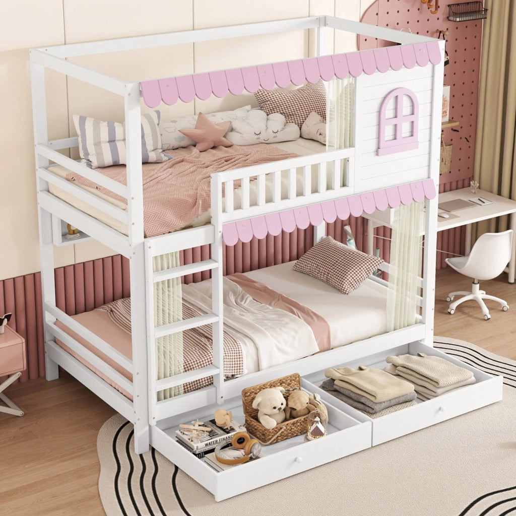 LETTO a castello 90x200 cm Bianco e Rosa con cassetti e ripiani