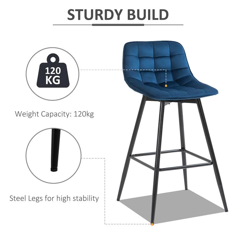 SET 2 SGABELLI DA BAR SEDIE IMBOTTITE STILE NORDICO VELLUTO BLU
