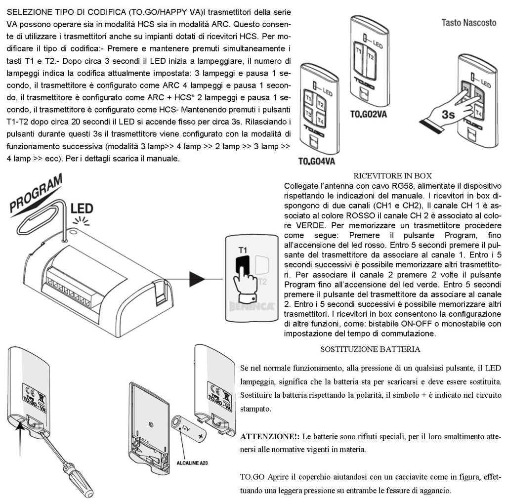 Radiocomando 2 Trasmettitori TO.GO 4 Canali Freq. 433,92 MHz Portata Radio 60/100 Metri Codice Advanced Rolling Code 128 Bit Batteria 12 V 23A Cover ABS Nero Tasti Gialli Comando Automatismo Benincà
