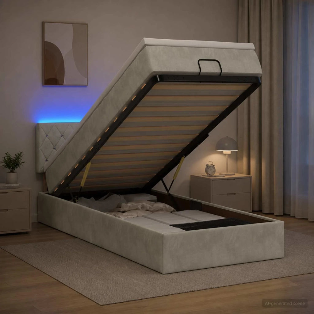 Letto Ottomano con Materasso e LED Grigio Chiaro 90 x 200 cm 3457041