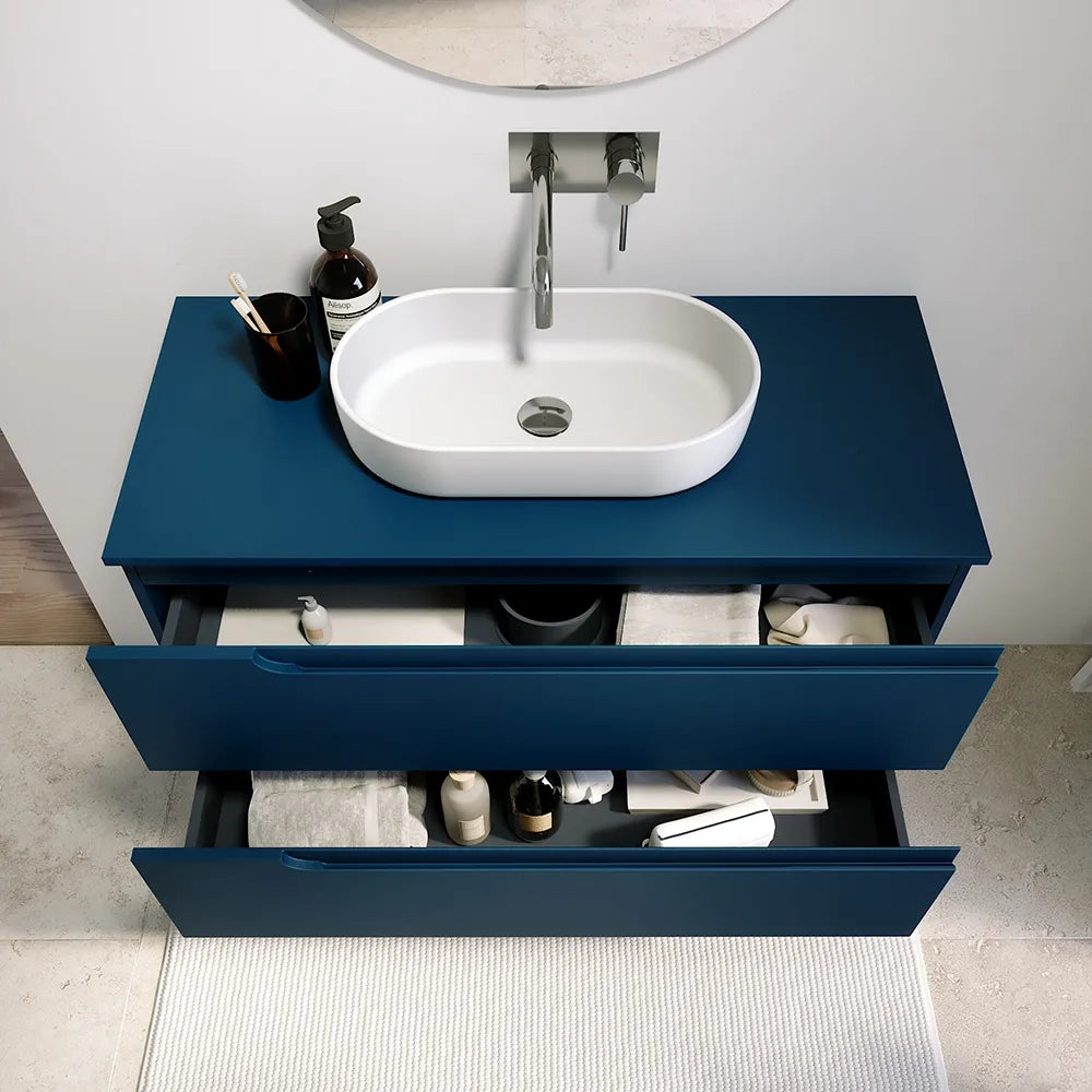 Mobile bagno sospeso 70 cm due cassetti blu zaffiro opaco con top | Ardenne