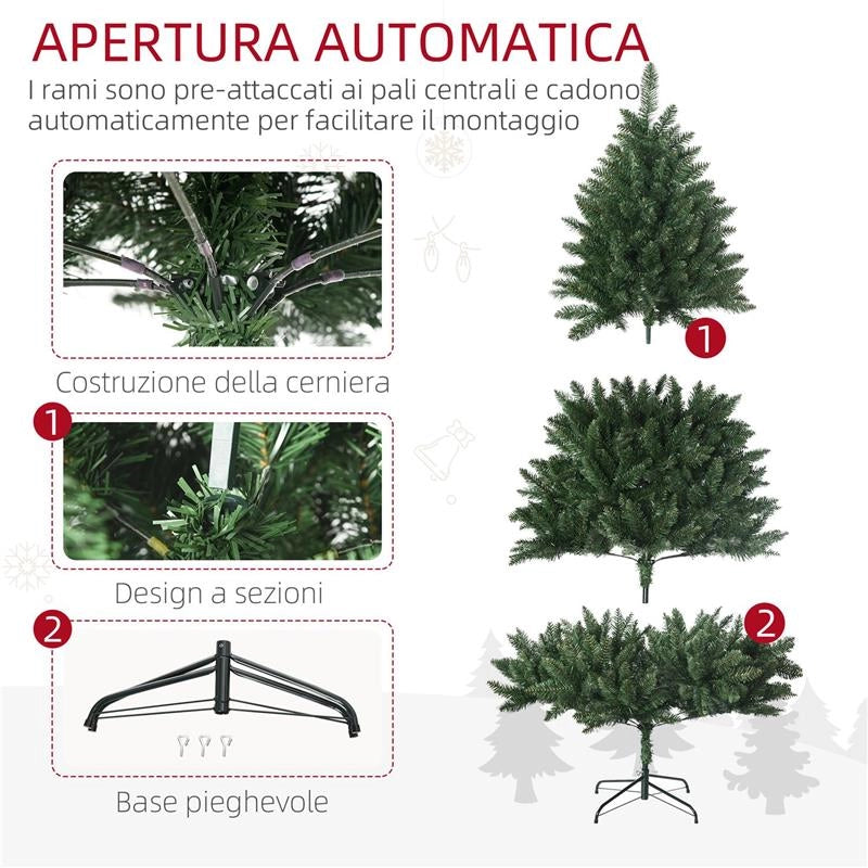 ALBERO DI NATALE ARTIFICIALE 180CM CON 800 RAMI E BASE IN METALLO, VERDE