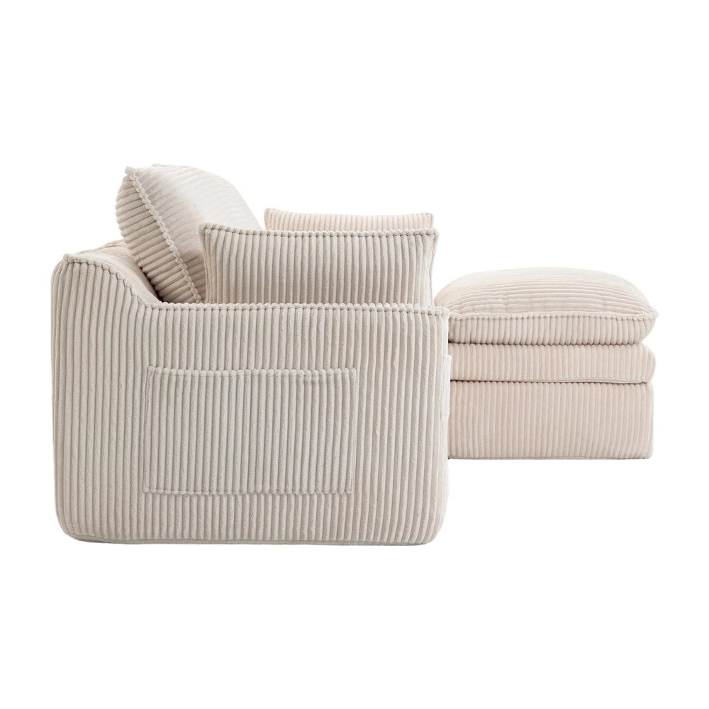 Divano modulare 3 posti con pouf - Zephmum - Beige - Cuscini e tasche laterali, schiuma a 3 strati