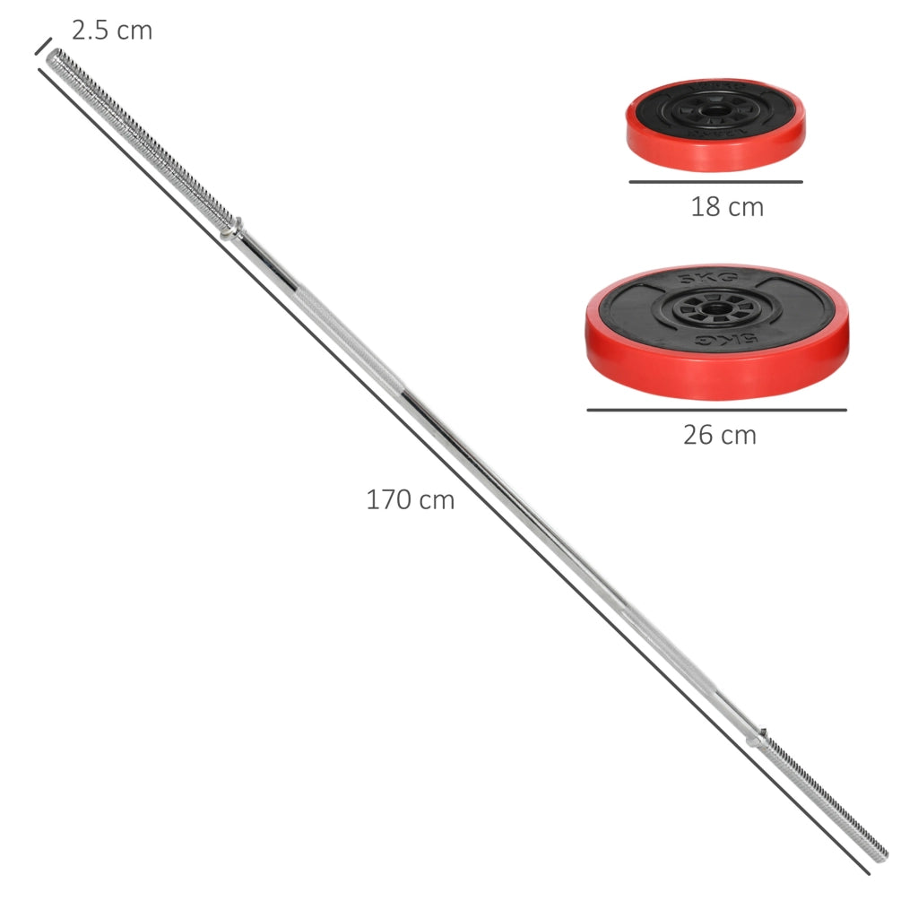 Set Bilanciere e Dischi da 30Kg Totali con 6 Pesi e 2 Dadi in Acciaio Rosso